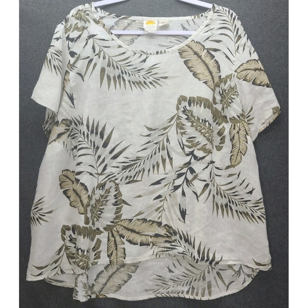 CC California Womens Boho 100% Linen Top Boxy‎ Leaves Print White Green 2X